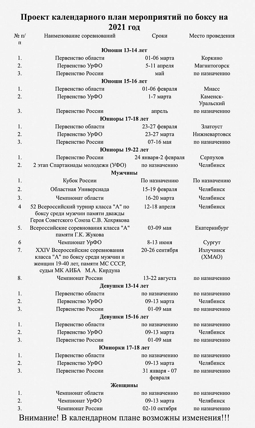 ВАЖНО!!! ПРОЕКТ календарного плана мероприятий по боксу на 2021 год